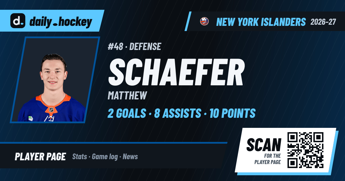 Matthew Schaefer Stats 2026-27, Game Log & Bio · daily.hockey